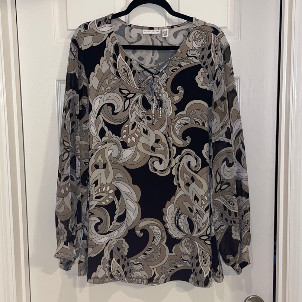 Susan Graver Printed Liquid Knit Top With Chiffon Sleeves